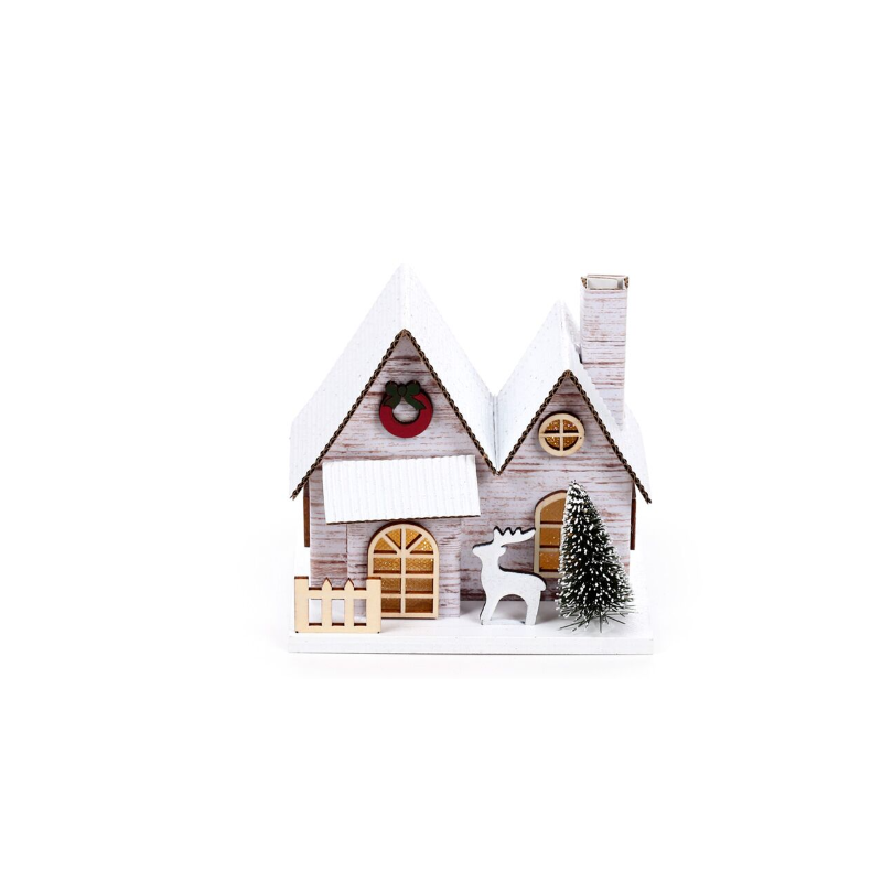 Casa de Natal c/decoração LED com dupla fachada em bétula prateada