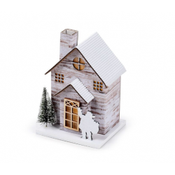 Casa de Natal c/decoração LED em madeira de bétula prateada