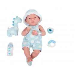Boneco reborn tamanho real de menino, 38 cm, azul com bolinhas brancas.