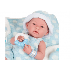 Boneco reborn tamanho real de menino, 38 cm, azul com bolinhas brancas.