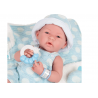 Boneco reborn tamanho real de menino, 38 cm, azul com bolinhas brancas.