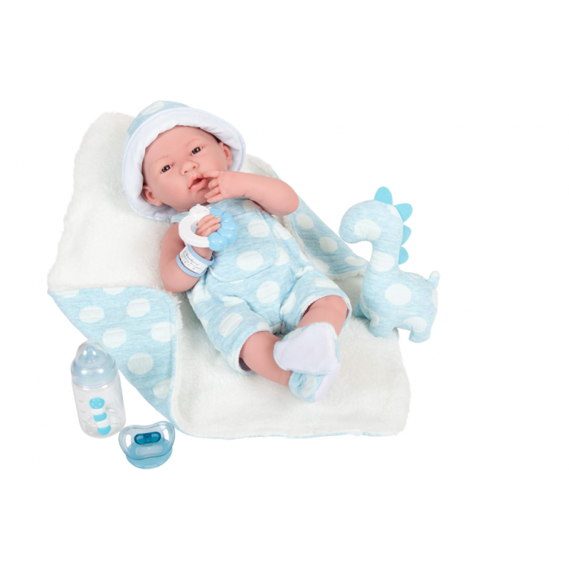 Boneco reborn tamanho real de menino, 38 cm, azul com bolinhas brancas.