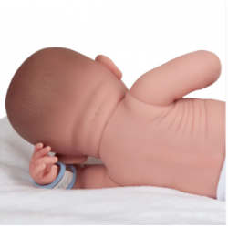 Boneco reborn tamanho real de menino, 38 cm, azul com bolinhas brancas.