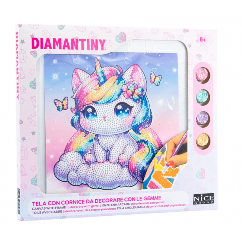 Gatinho Unicórnio Kawaii com Borboletas e Diamantes
