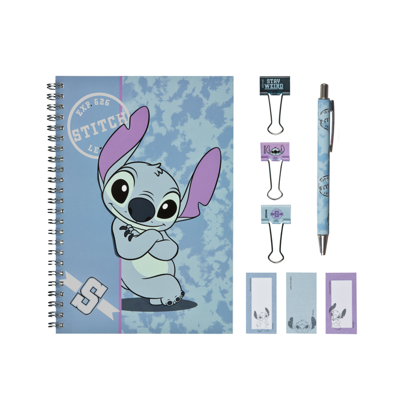 Stitch – Caderno + Caneta + Clips + Blocos de Notas Adesivas
